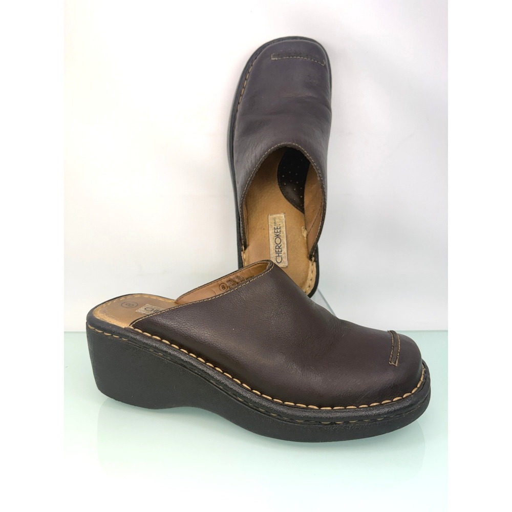 Cherokee Mules Clogs Sz 8 Brown Leather 90s Minimalist Platform Y2K Boho Grunge